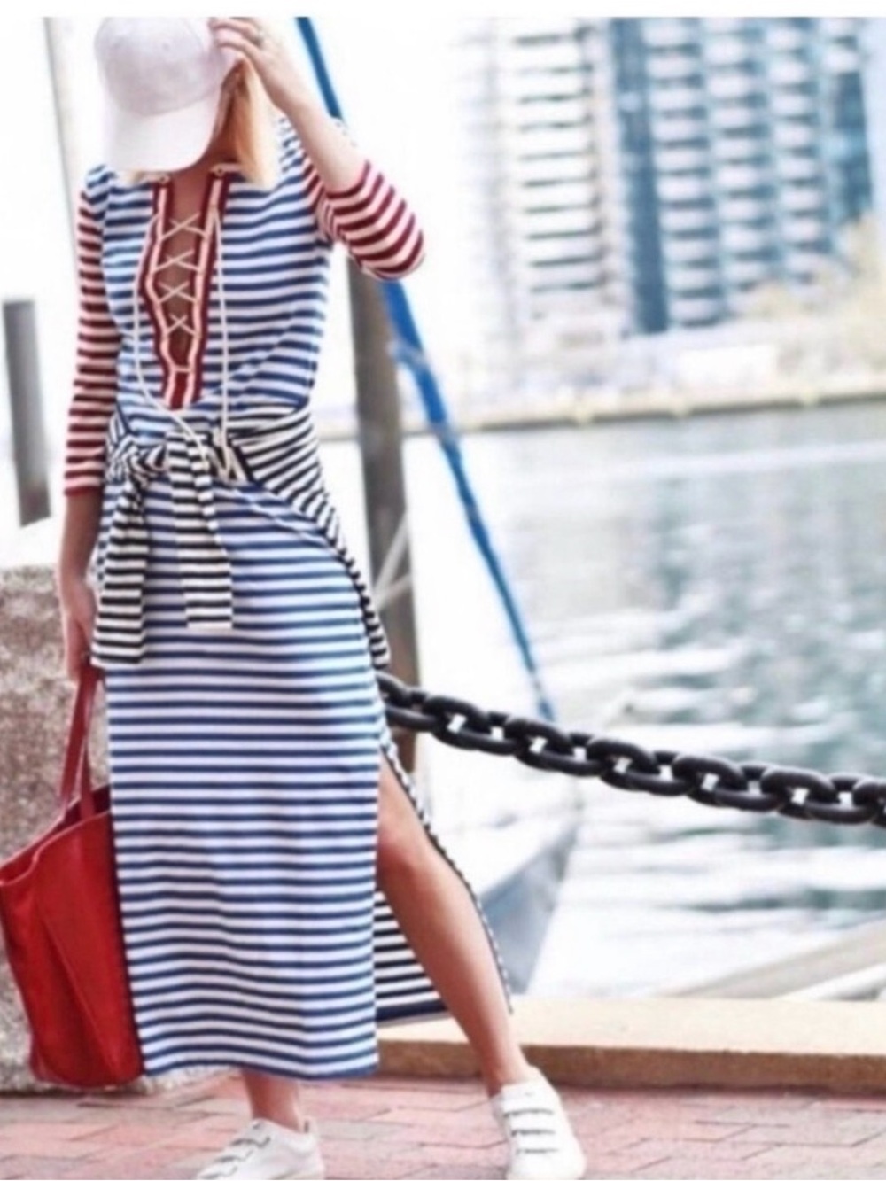 Striped Nautical Maxi Dress with Lace-Up Front - Picture 2 of 2